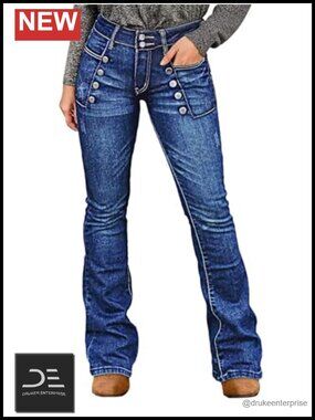 Bootcut Mid Waist Sailor Button Patch Pocket Denim Jeans